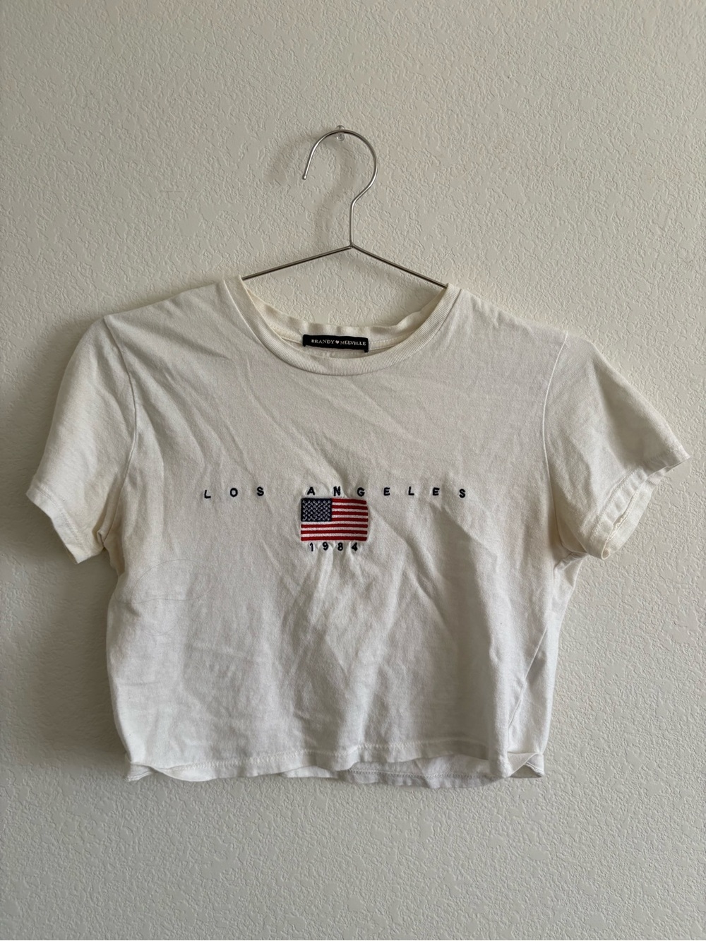 Brandy Melville White 'Los Angeles' Flag Crop Top